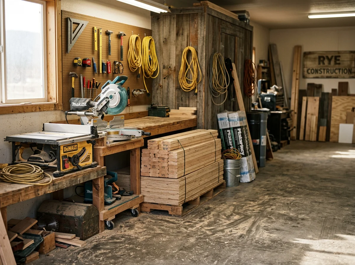 Construction site or workshop showing tools and materials for home building and remodeling projects.