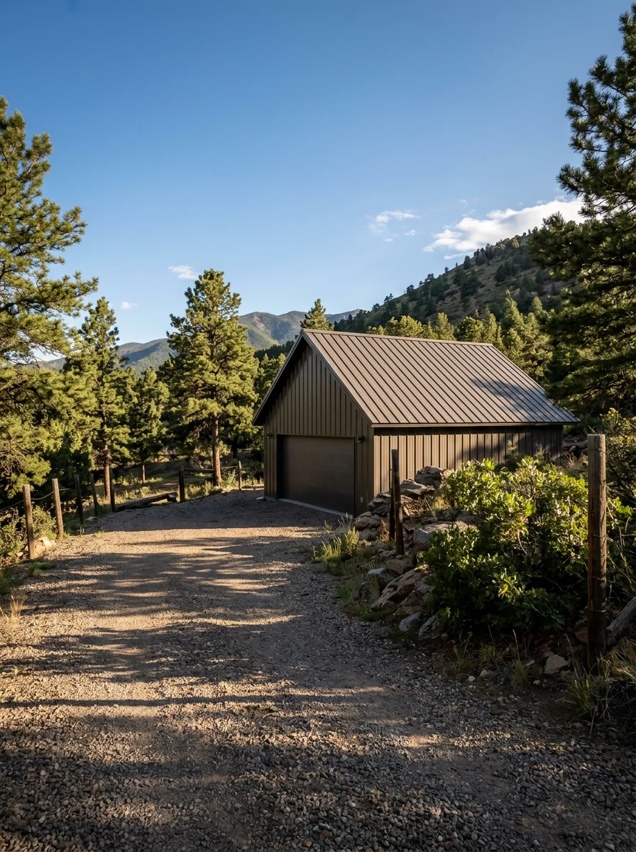 A finished detached garage on a sloped rural lot in Beulah, CO, with a metal roof designed for heavy snow load and a gravel access drive through the trees.
