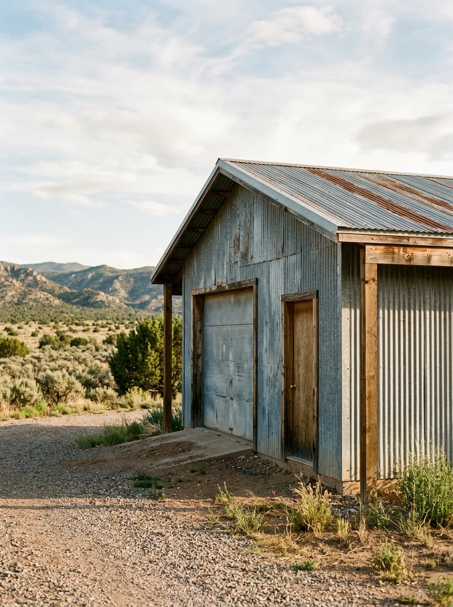 A finished detached garage with a metal roof on a gravel-drive property in Colorado City, CO, surrounded by open high-desert terrain.