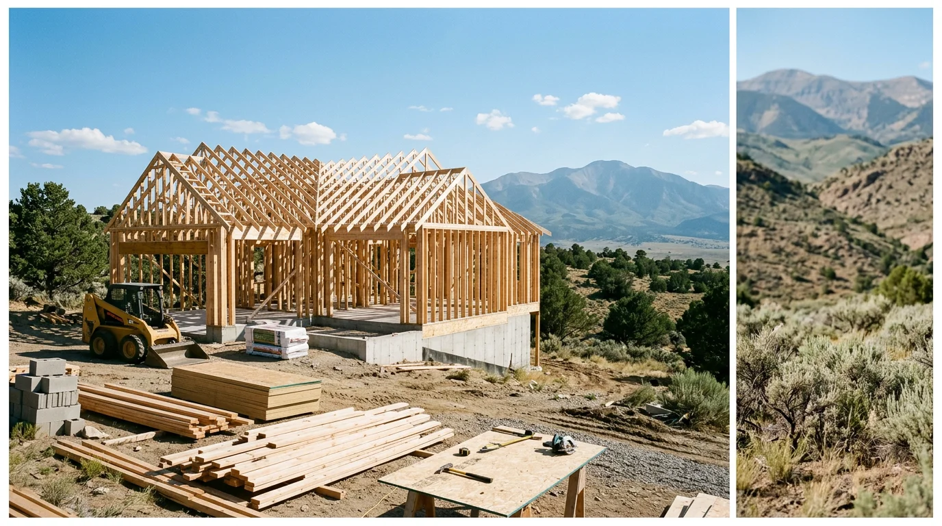 A newly framed custom home under construction on a large rural lot in the Greenhorn Valley near Colorado City, Colorado, with Greenhorn Mountain visible in the background.