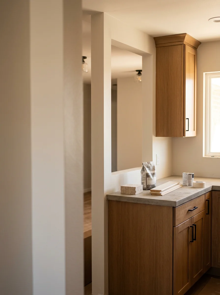 A newly remodeled kitchen interior in a Pueblo, CO home, showing updated cabinetry, open-concept framing, and finished drywall in a mid-century residential structure.