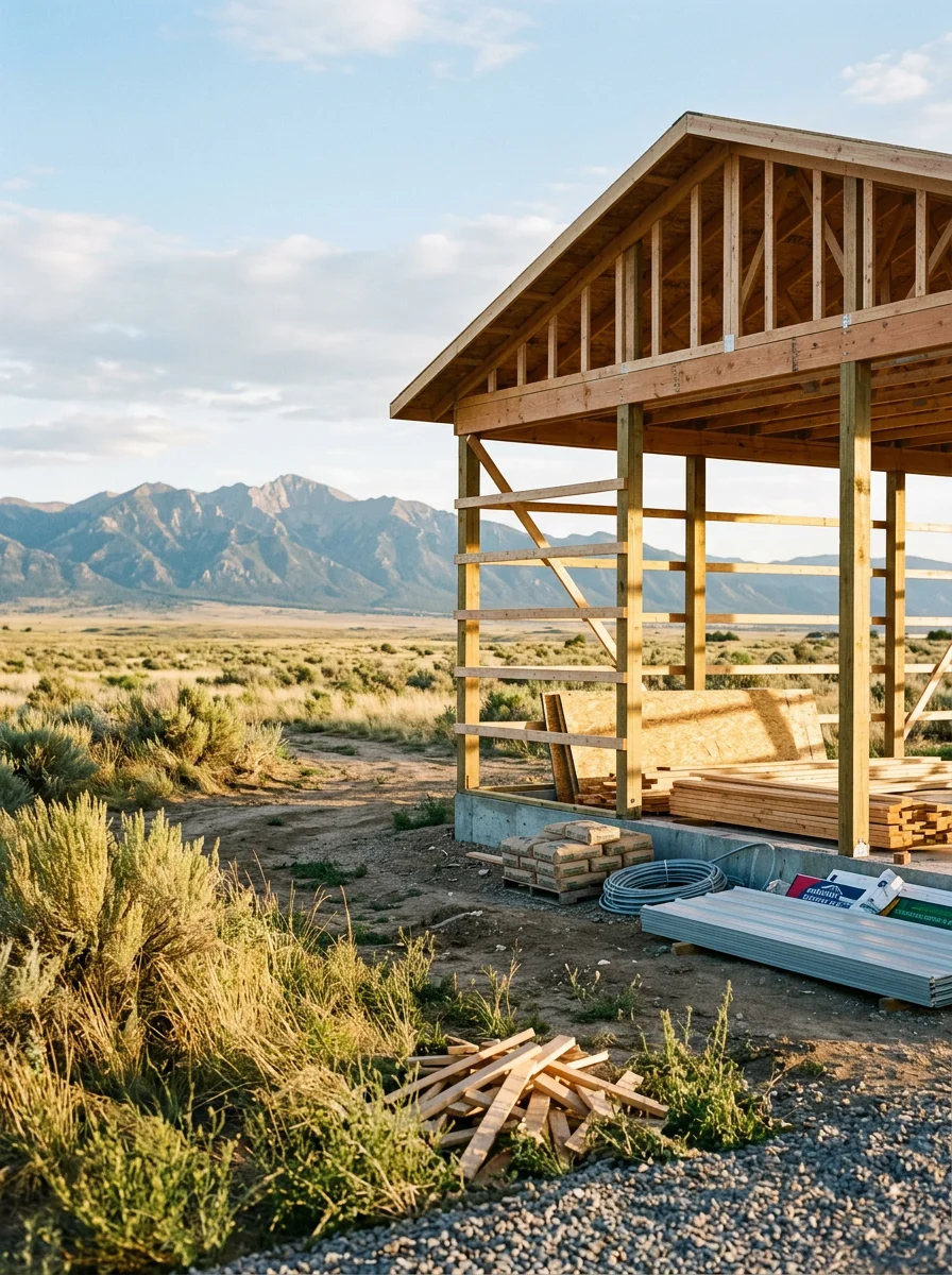 A detached workshop and RV storage building under construction on a large residential-agricultural lot in Pueblo West, CO, with open plains terrain and mountain views in the background.