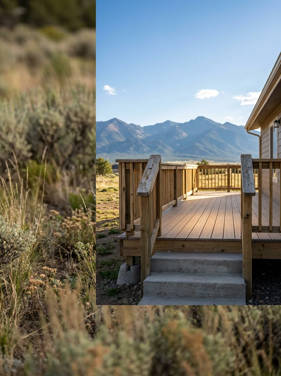 A finished wood deck attached to a renovated home in Rye, CO, overlooking an open rural lot with the Wet Mountains in the background under a clear Colorado sky.