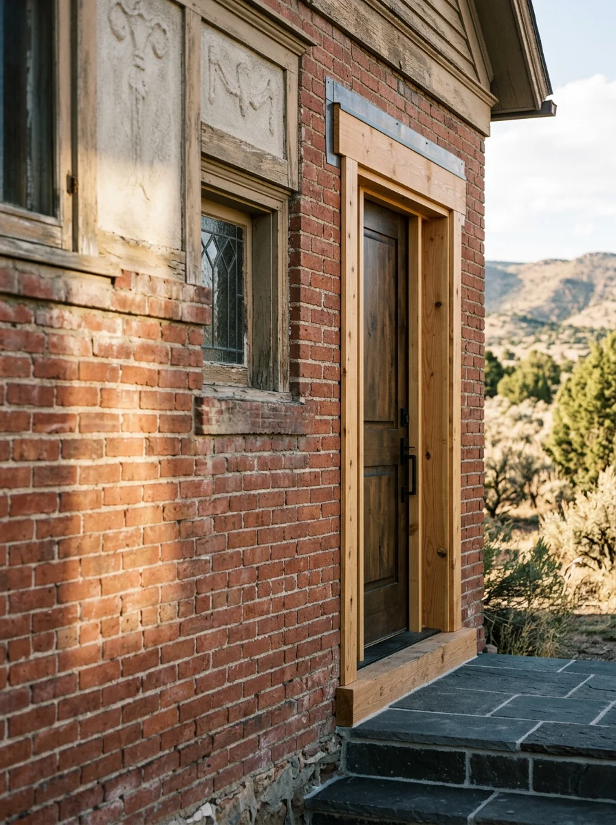 A freshly remodeled kitchen interior in a historic Walsenburg home, featuring new cabinetry and updated framing visible through an open wall section.