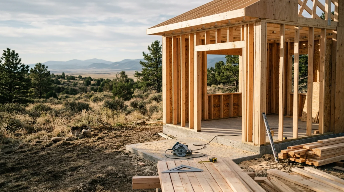 A newly constructed detached accessory building on a rural residential lot in Colorado City, Colorado. The wood-framed structure features a pitched roof and sits on a concrete foundation with open land and the Greenhorn Mountain foothills visible in the background.