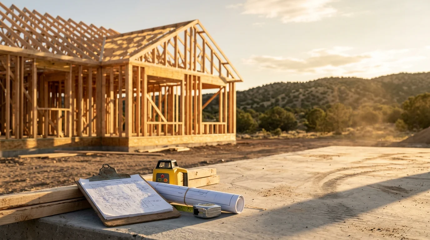 A construction site in Colorado City, Colorado showing a building frame under active management with a contractor reviewing plans on site. Clear skies and the southern Colorado landscape are visible in the background.