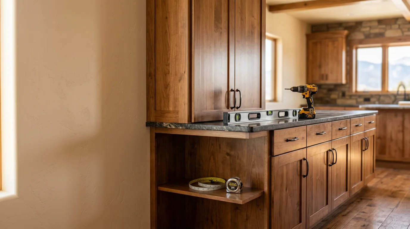 Newly installed custom kitchen cabinets in a Colorado City home, showing floor-to-ceiling cabinetry fitted precisely to the room's wall layout and corner configuration. The finished installation includes aligned cabinet doors, fitted hardware, and cabinetry positioned around existing appliances.
