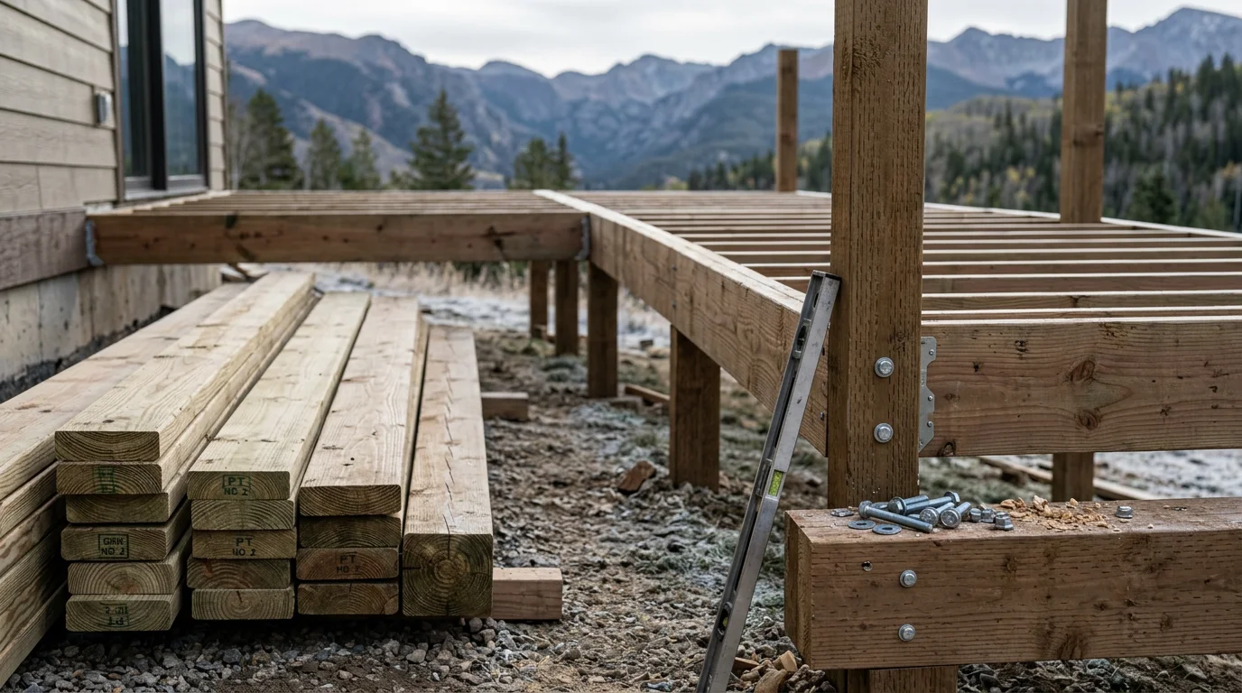 A newly built custom wood deck attached to a single-story home in Colorado City, Colorado, with open mountain views and a clear blue sky. The deck features clean framing, a railed perimeter, and stairs leading to a grassy backyard.