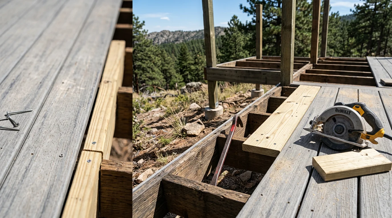 A repaired residential deck with replaced boards and secure railings on a home in Colorado City, Colorado, with the Wet Mountains visible in the background. Close-up shows fresh lumber integrated into the existing deck frame after rot and weather damage were addressed.
