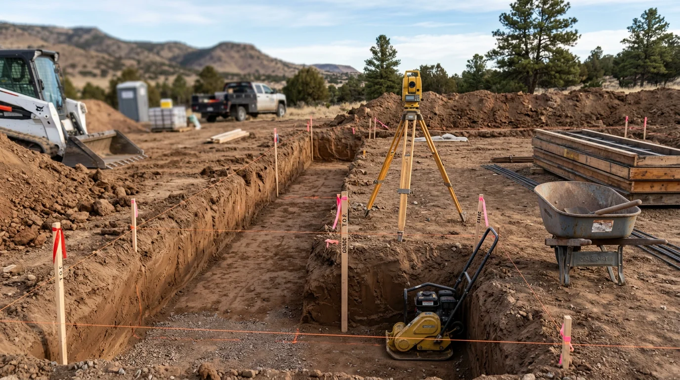 A freshly poured concrete foundation for a new home under construction in Colorado City, Colorado, with surrounding exposed soil typical of Southern Colorado's high-plains terrain. The footing walls are set and ready for framing, showing clean formwork and reinforced concrete edges.