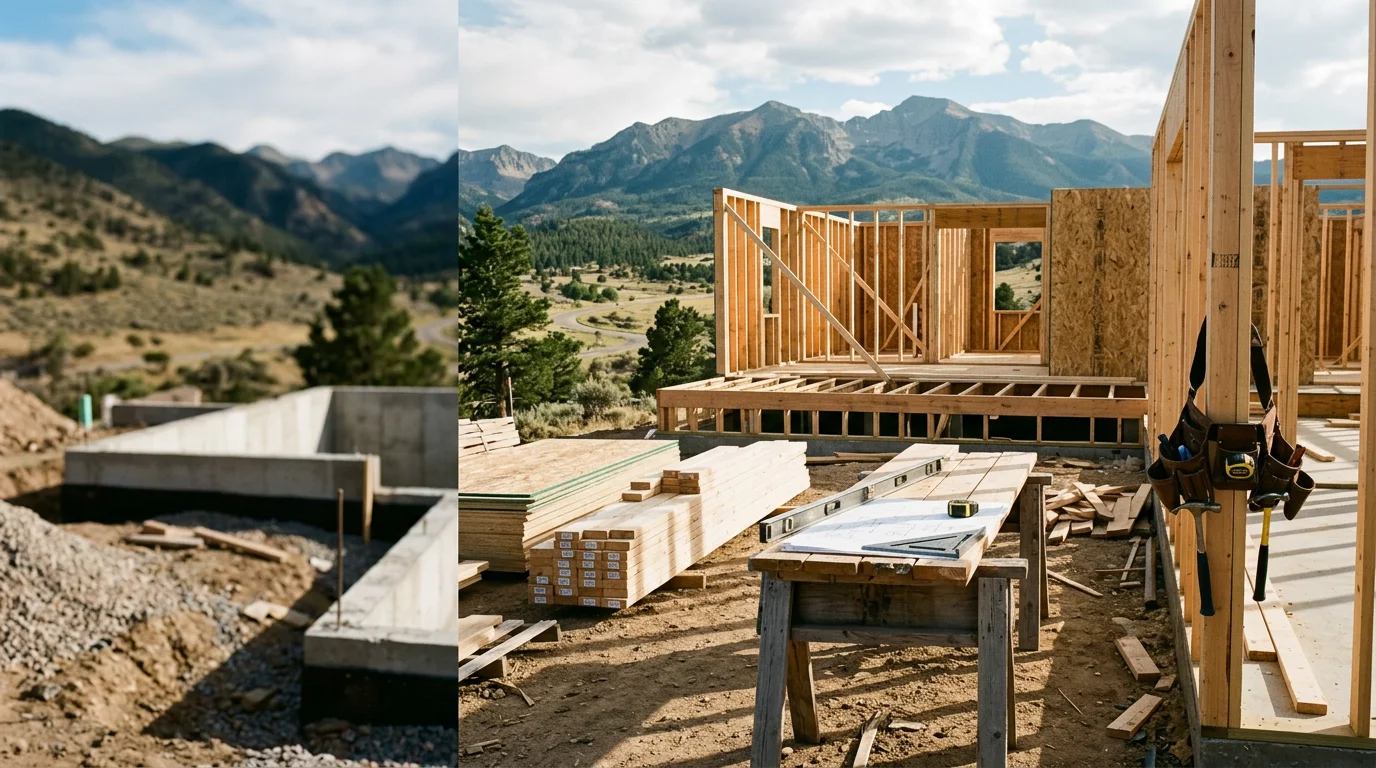 A residential construction project in Colorado City, Colorado, showing framed structure and site work in progress against the Greenhorn Valley landscape. Greenhorn Valley Builders general contracting work in Pueblo County.