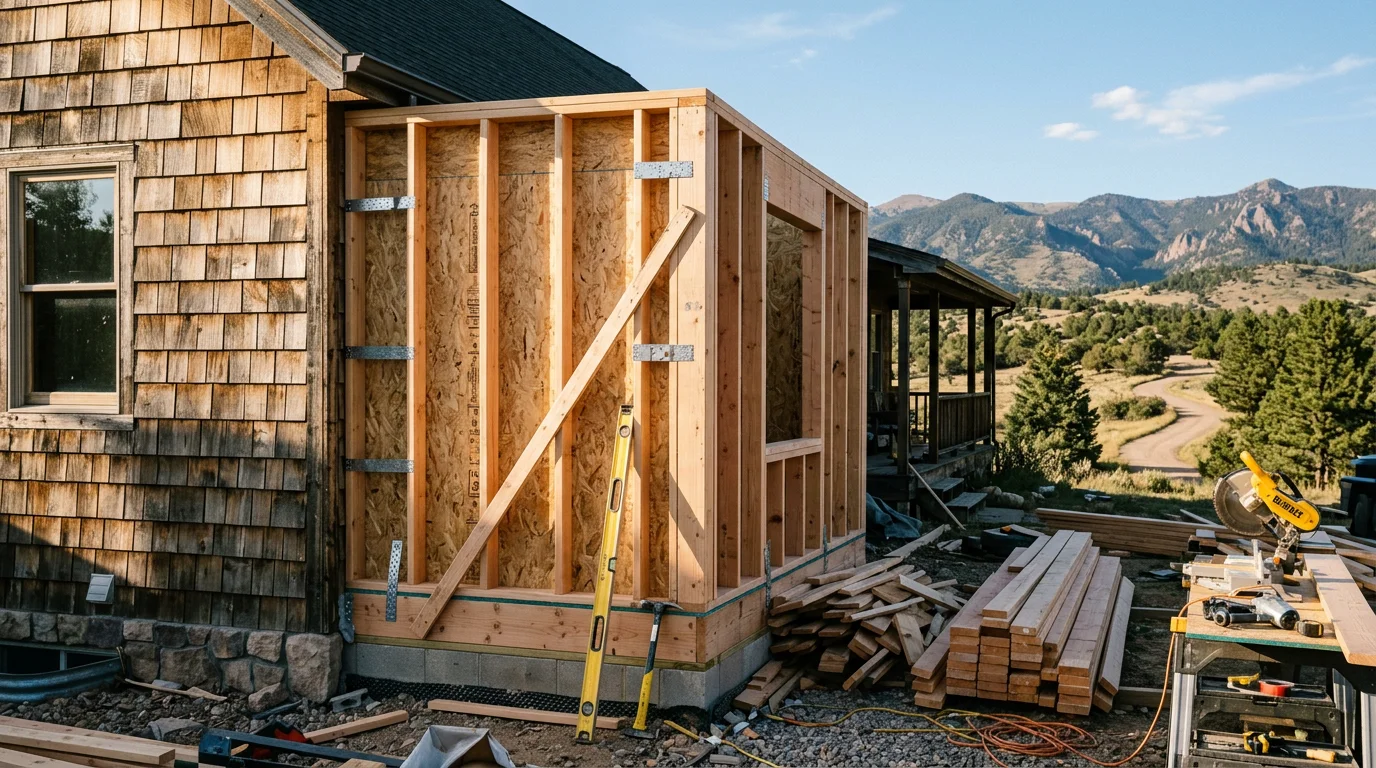 A newly framed home addition attached to an existing single-story residence in Colorado City, Colorado, with structural walls in place and the Greenhorn Valley foothills visible in the background. The addition extends the roofline of the original home and shows rough framing ready for insulation and drywall.