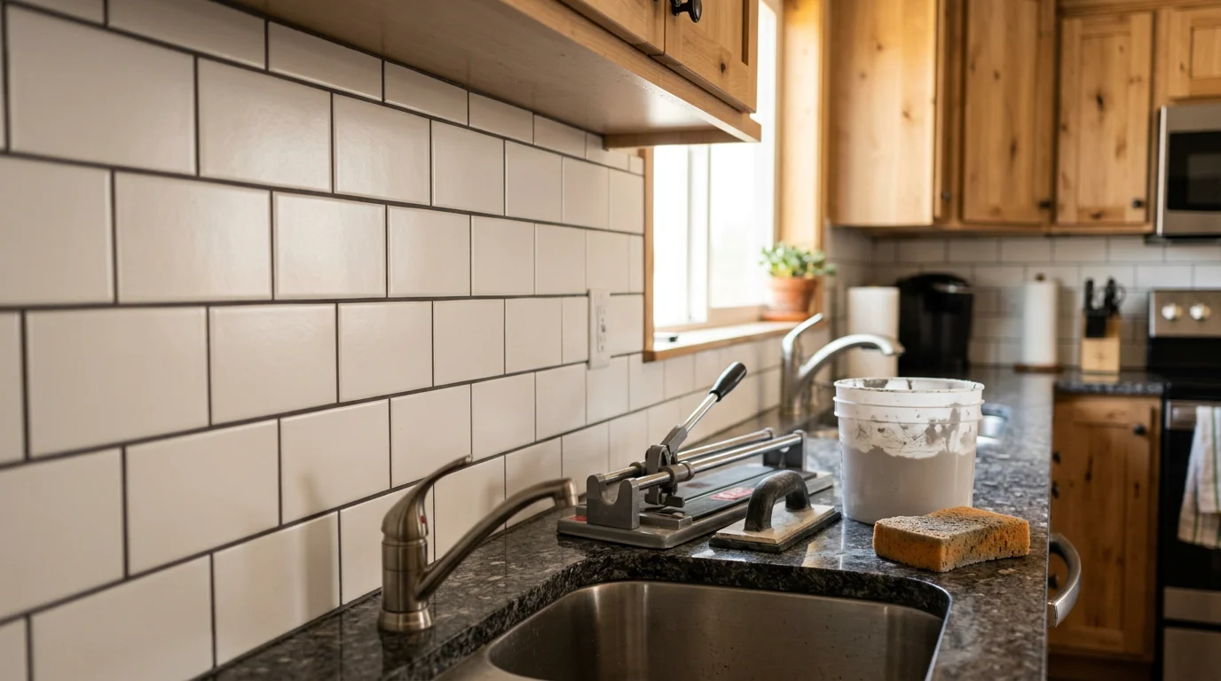 Freshly installed tile kitchen backsplash behind a stove in a southern Colorado home, showing clean grout lines and a smooth sealed surface. Work completed by Greenhorn Valley Builders serving Colorado City and the surrounding Pueblo County area.