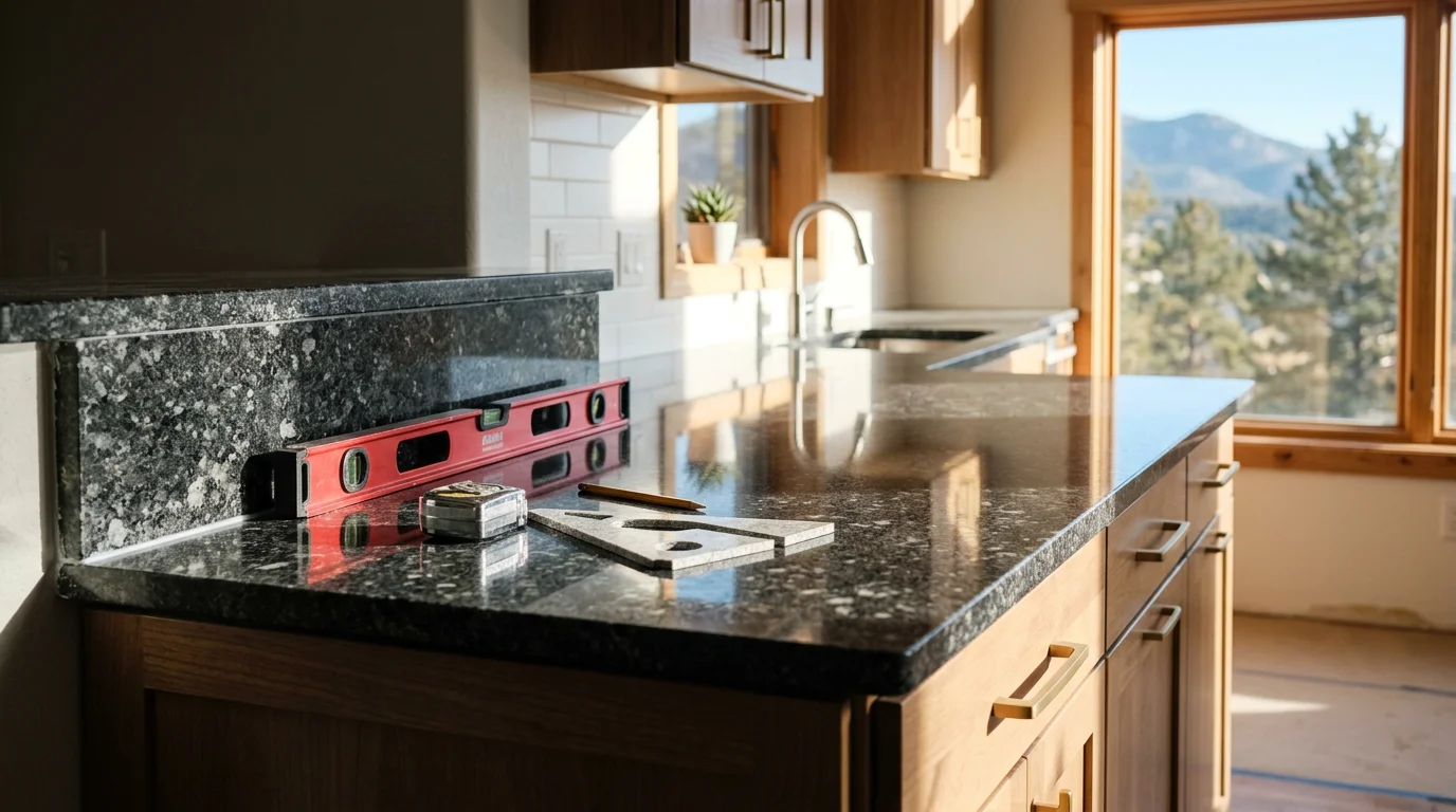 Newly installed kitchen countertop in a Colorado City home, showing a clean stone surface fitted to wood cabinets with a finished sink cutout. The kitchen reflects a practical, updated look common in homes across the Greenhorn Valley area.