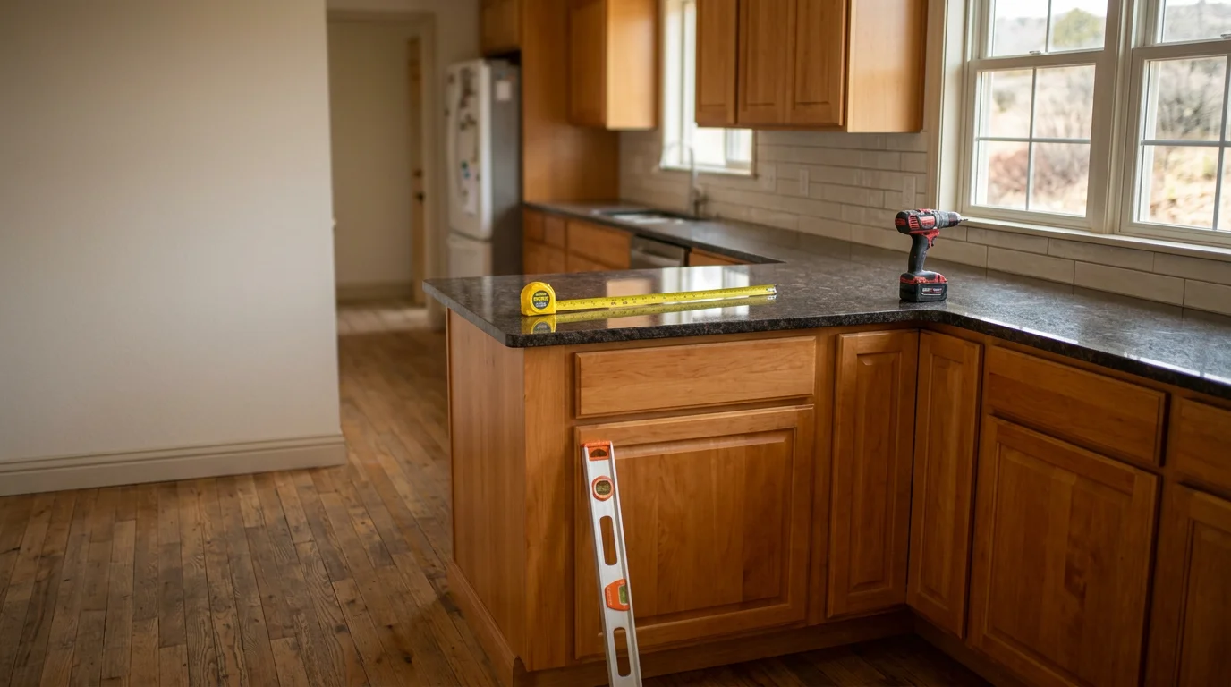 A newly installed kitchen island with built-in storage and countertop seating in a Colorado City home remodeled by Greenhorn Valley Builders. The island is centered in the kitchen with clear walkway space on all sides and finishes that match the surrounding cabinetry.