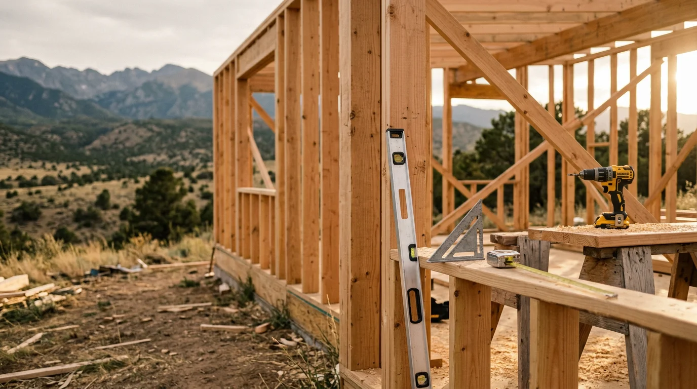 A newly constructed residential home in Colorado City, Colorado, with a framed structure set against the Wet Mountains. The build shows exterior framing and roofline work typical of residential construction in the Greenhorn Valley area.