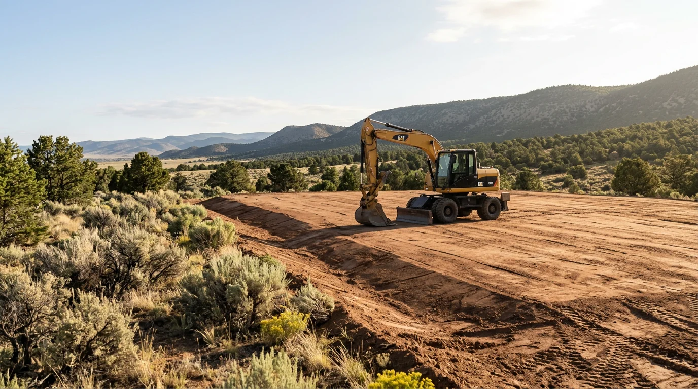 A cleared and graded residential building lot in Colorado City, Colorado, with exposed soil shaped for drainage and ready for foundation work. A locally owned construction crew has removed brush and debris from the sloped terrain in preparation for a new home build.